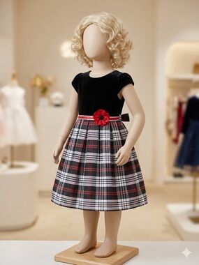 Black Velvet Top Plaid Holiday Dress with Red Flower